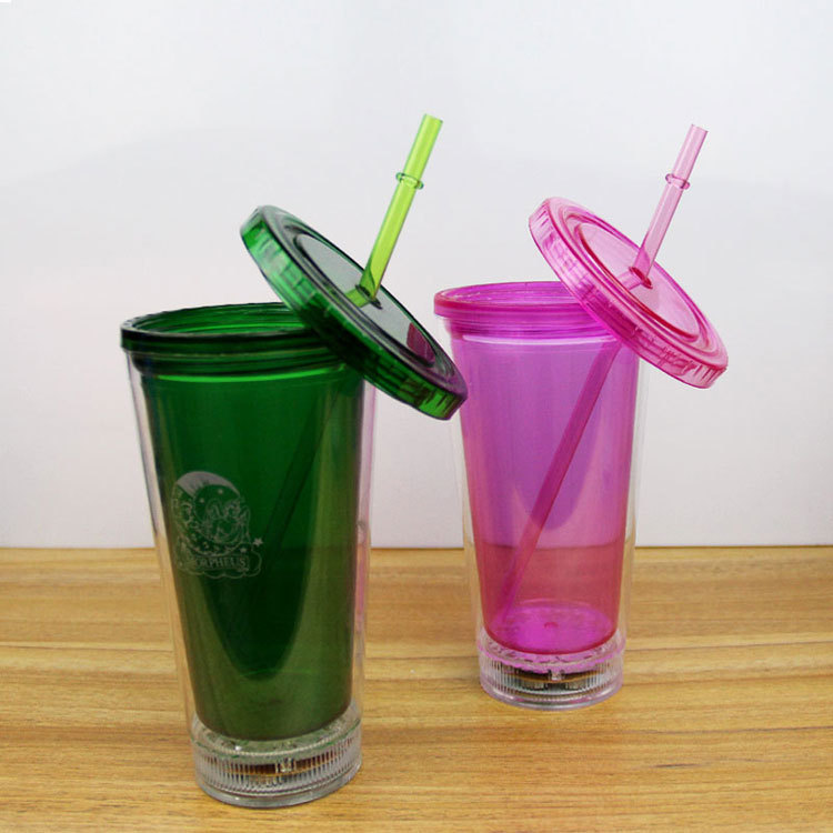 Online direct sale LED luminous cup double plastic straw cup creative gift cup luminous double plastic straw cup