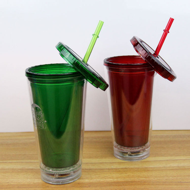 Online direct sale LED luminous cup double plastic straw cup creative gift cup luminous double plastic straw cup