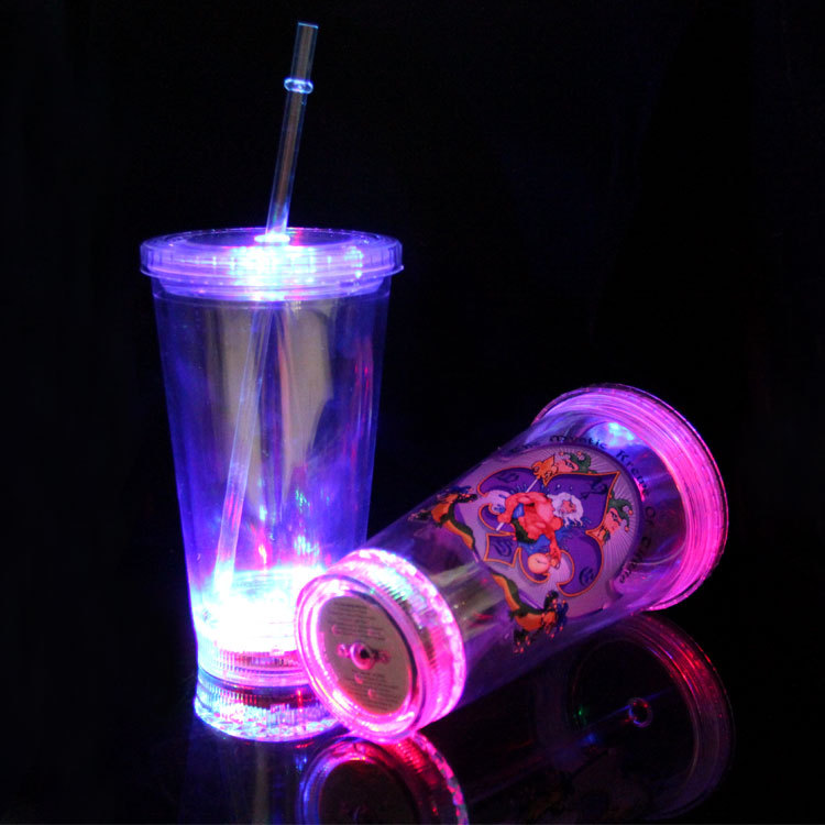 Online direct sale LED luminous cup double plastic straw cup creative gift cup luminous double plastic straw cup Online direct sale LED luminous cup double plastic straw cup creative gift cup luminous double plastic straw cup