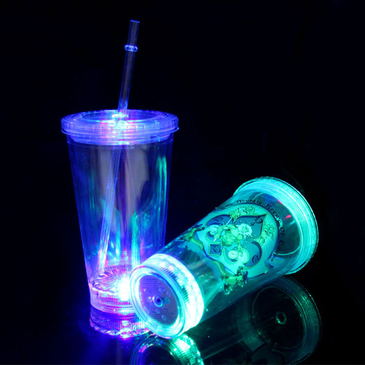 Online direct sale LED luminous cup double plastic straw cup creative gift cup luminous double plastic straw cup Online direct sale LED luminous cup double plastic straw cup creative gift cup luminous double plastic straw cup