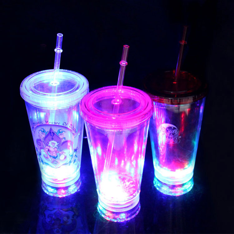 Online direct sale LED luminous cup double plastic straw cup creative gift cup luminous double plastic straw cup Online direct sale LED luminous cup double plastic straw cup creative gift cup luminous double plastic straw cup