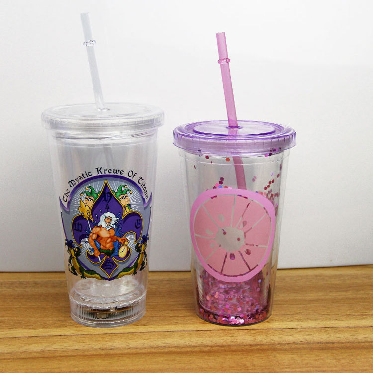 Online direct sale LED luminous cup double plastic straw cup creative gift cup luminous double plastic straw cup Online direct sale LED luminous cup double plastic straw cup creative gift cup luminous double plastic straw cup