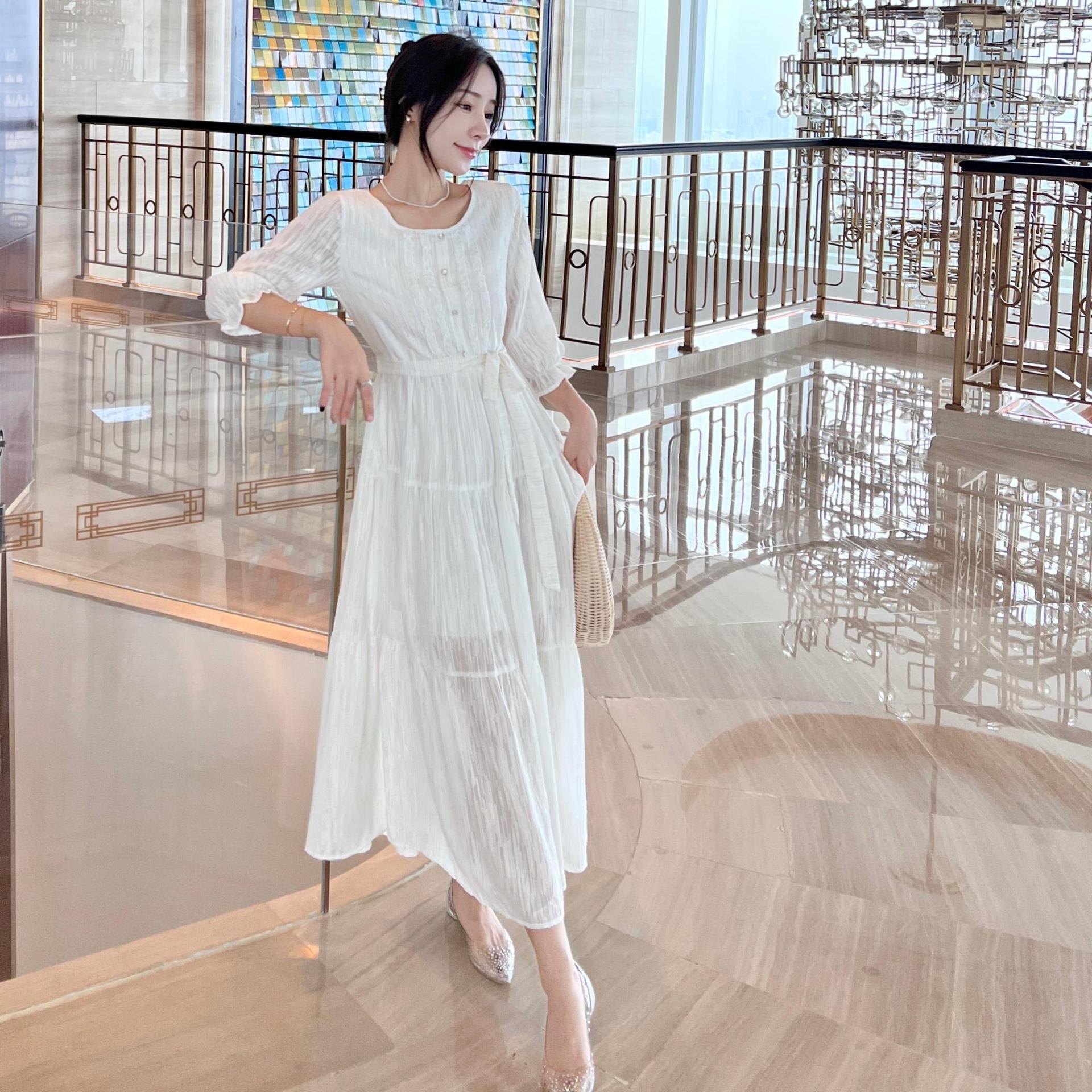 Jacquard Gold Line Human Fireworks White Temperament Long Dress Fairy Early Spring and Summer New Dress Jacquard Gold Line Human Fireworks White Temperament Long Dress Fairy Early Spring and Summer New Dress