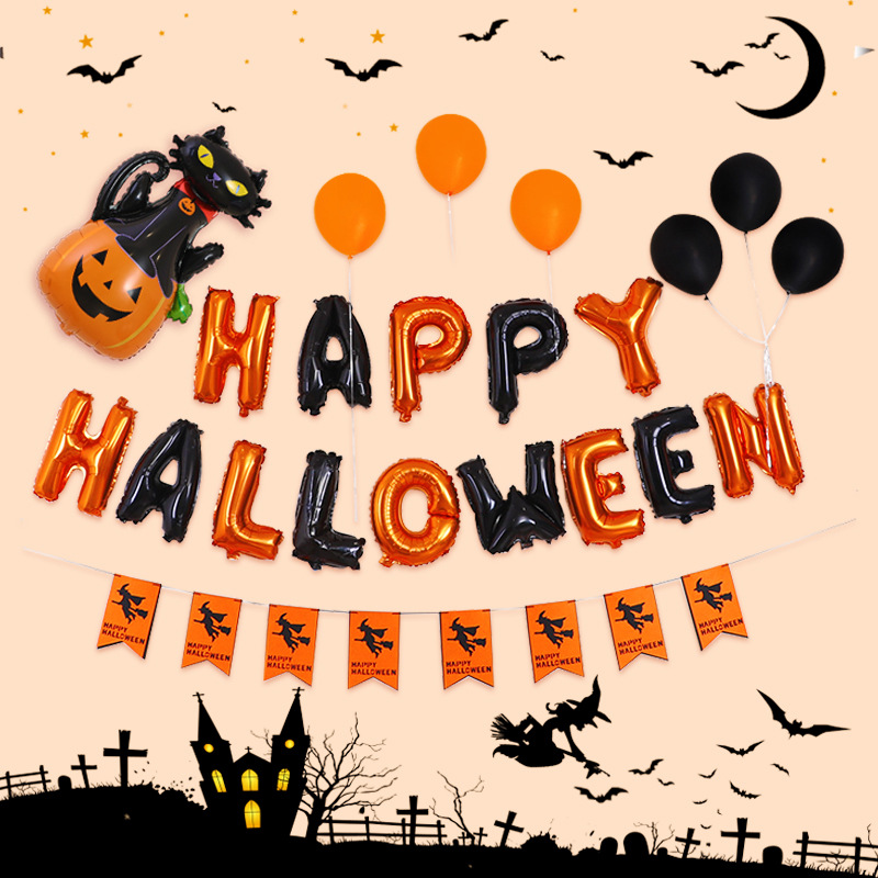 Cross-Border Halloween Letters Aluminum Foil Balloon Set Bar Mall Festival Pumpkin Balloon Background Factory Wholesale