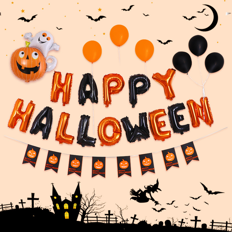 Cross-Border Halloween Letters Aluminum Foil Balloon Set Bar Mall Festival Pumpkin Balloon Background Factory Wholesale
