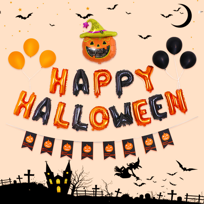 Cross-Border Halloween Letters Aluminum Foil Balloon Set Bar Mall Festival Pumpkin Balloon Background Factory Wholesale