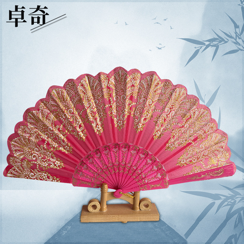 Border Hot Stall Night Market Chinese Style Gold Powder Fan Retro Folding Gift Fan Dance Wedding Folding Fan Wedding Fan
