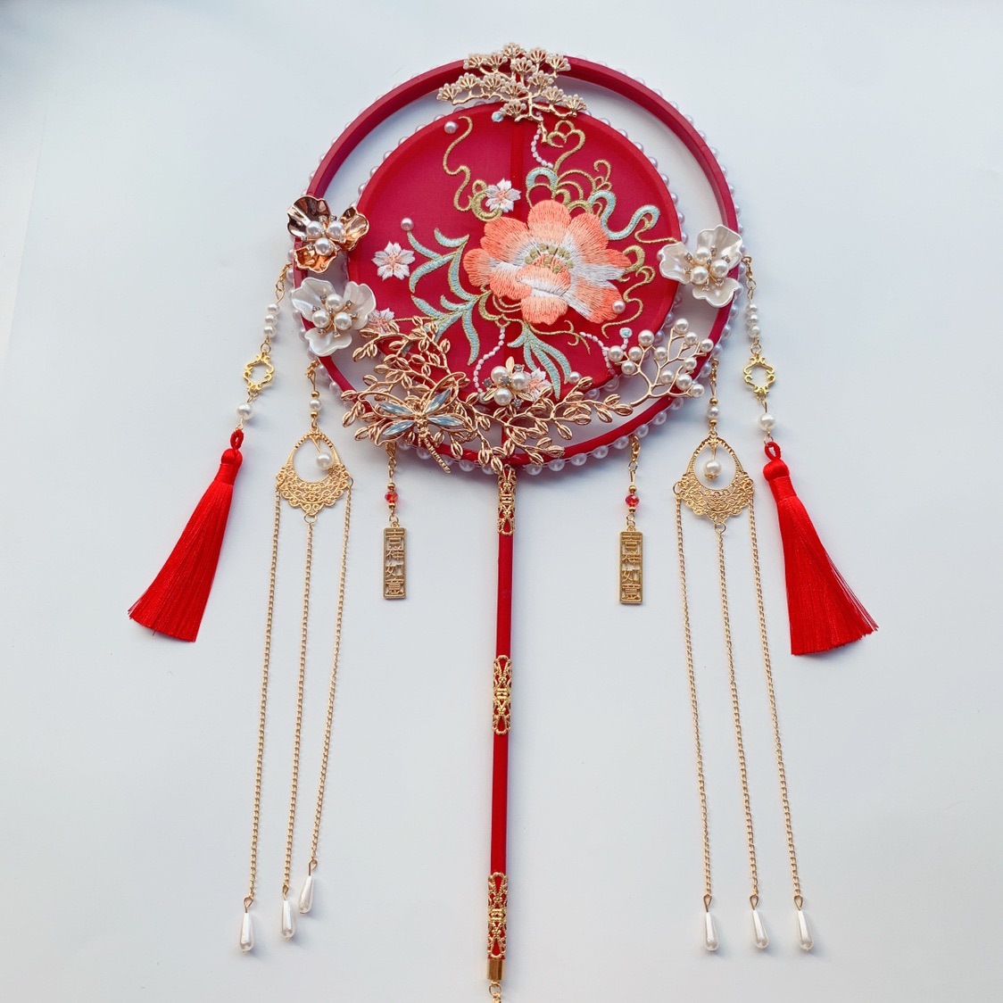Wedding Fan Xiuhe Circular Fan Bride Wedding Tie Fan Red Antique Embroidery Finished DIY Hand Holding Fan