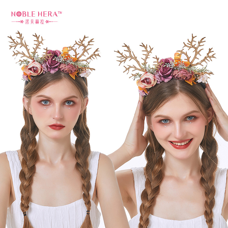 Style Antler Hairband Elk Christmas Easter Headdress Simulation Branch Flowers Adult and Children Catwalk Photography