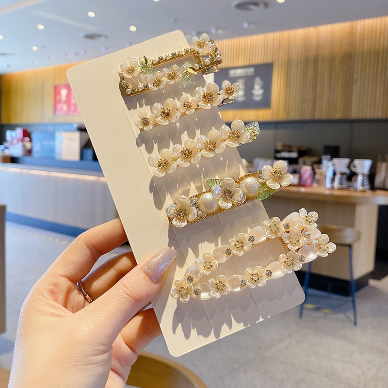 Side Spring Clip Hairpin Word Clip Internet Celebrity 2021new Flowers Folder Children&#039;s Headdress Pearl Hairpin
