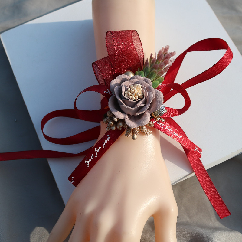 Handed Flower Wedding Couple Bride and Bridesmaid Sisters Group Chinese Rose Red Pink White Bracelet Wrist Flower