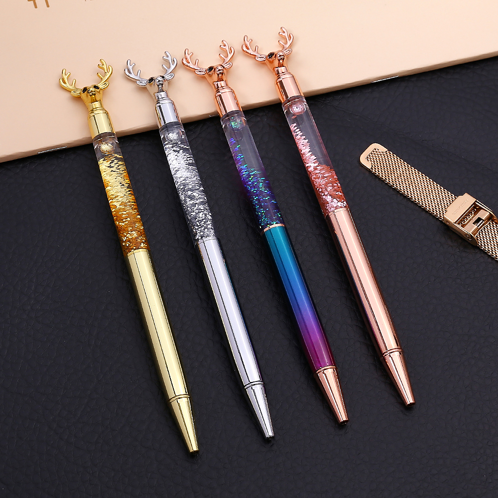 Metal deer head pen ball pen color flash into the oil pen plating rose gold go bead pen custom logo