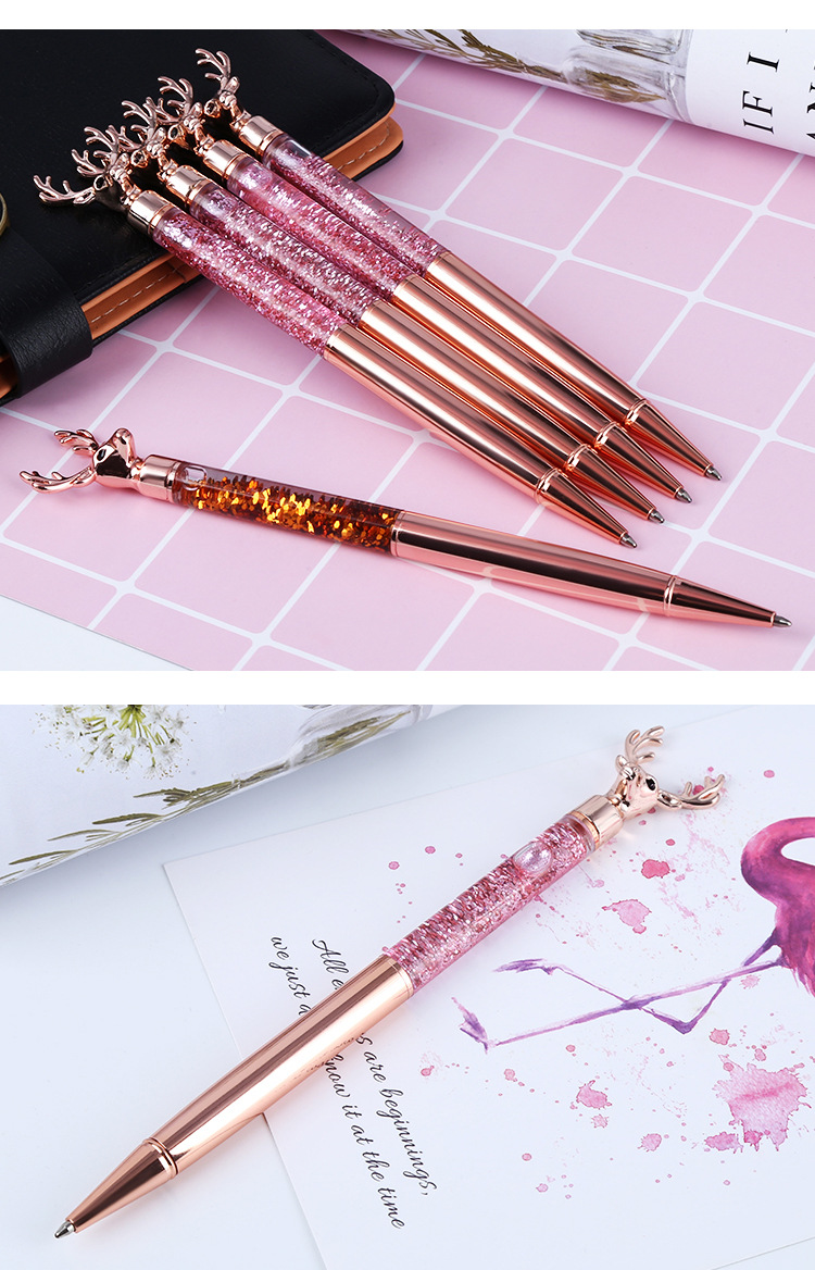 Metal deer head pen ball pen color flash into the oil pen plating rose gold go bead pen custom logo