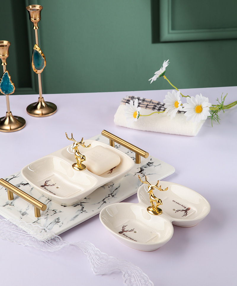 Nordic Glost Firing Ice Crack Ceramic Double Grid Soap Box Creative Metal Deer Handle Soap Box Draining Soap Bracket Nordic Glost Firing Ice Crack Ceramic Double Grid Soap Box Creative Metal Deer Handle Soap Box Draining Soap Bracket