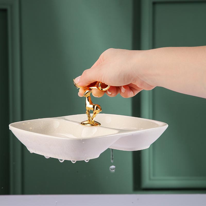 Nordic Glost Firing Ice Crack Ceramic Double Grid Soap Box Creative Metal Deer Handle Soap Box Draining Soap Bracket Nordic Glost Firing Ice Crack Ceramic Double Grid Soap Box Creative Metal Deer Handle Soap Box Draining Soap Bracket