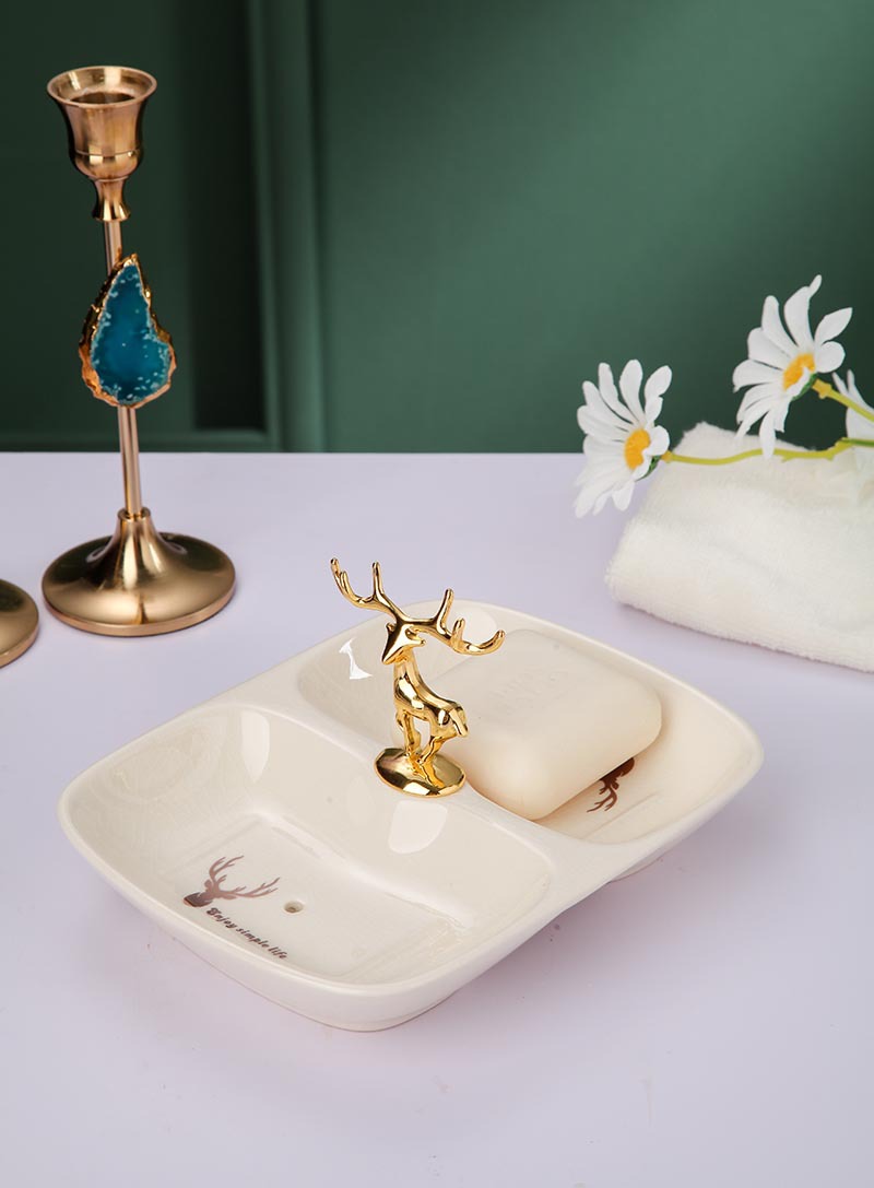 Nordic Glost Firing Ice Crack Ceramic Double Grid Soap Box Creative Metal Deer Handle Soap Box Draining Soap Bracket Nordic Glost Firing Ice Crack Ceramic Double Grid Soap Box Creative Metal Deer Handle Soap Box Draining Soap Bracket