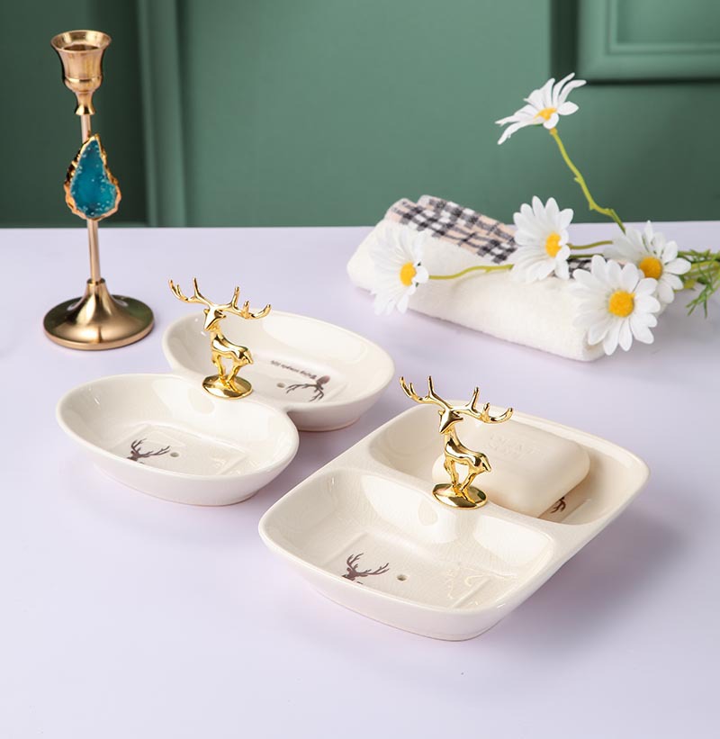 Nordic Glost Firing Ice Crack Ceramic Double Grid Soap Box Creative Metal Deer Handle Soap Box Draining Soap Bracket Nordic Glost Firing Ice Crack Ceramic Double Grid Soap Box Creative Metal Deer Handle Soap Box Draining Soap Bracket