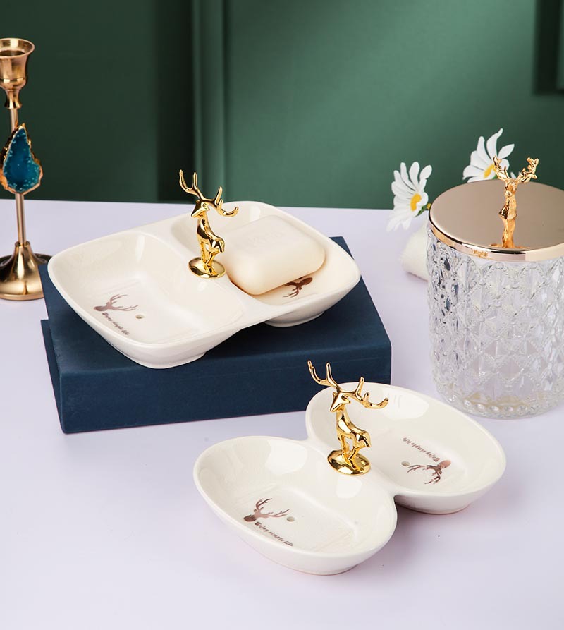 Nordic Glost Firing Ice Crack Ceramic Double Grid Soap Box Creative Metal Deer Handle Soap Box Draining Soap Bracket Nordic Glost Firing Ice Crack Ceramic Double Grid Soap Box Creative Metal Deer Handle Soap Box Draining Soap Bracket