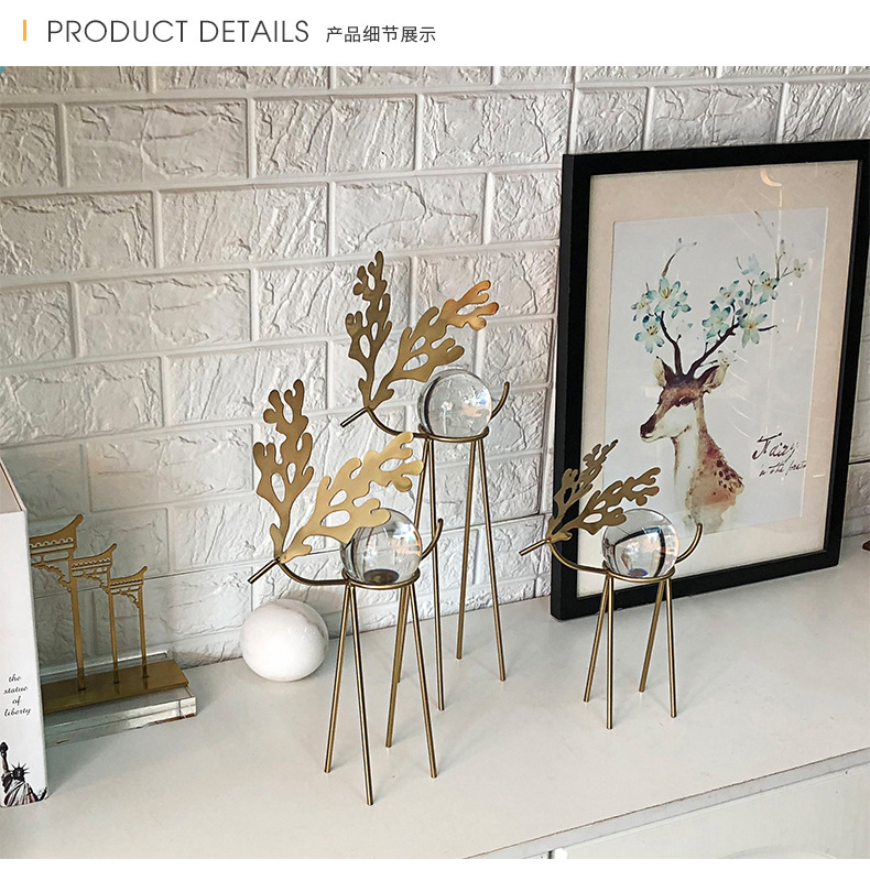 Metal Deer  Domestic Study Metal Sika Deer Crystal Ball Decoration Model Room Desktop Soft Outfit Crafts Furnishings