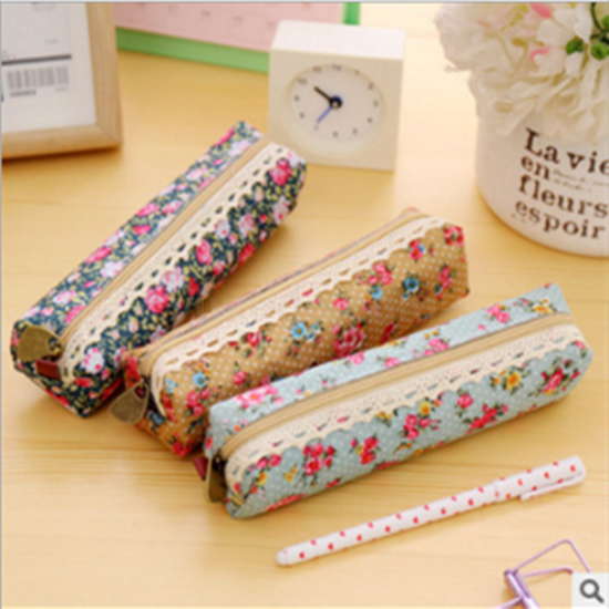  Wind Cartoon Student pen bag Foreign trade canvas vintage broken flower pencil bag elegant stationery bag box