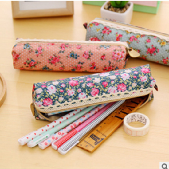  Wind Cartoon Student pen bag Foreign trade canvas vintage broken flower pencil bag elegant stationery bag box