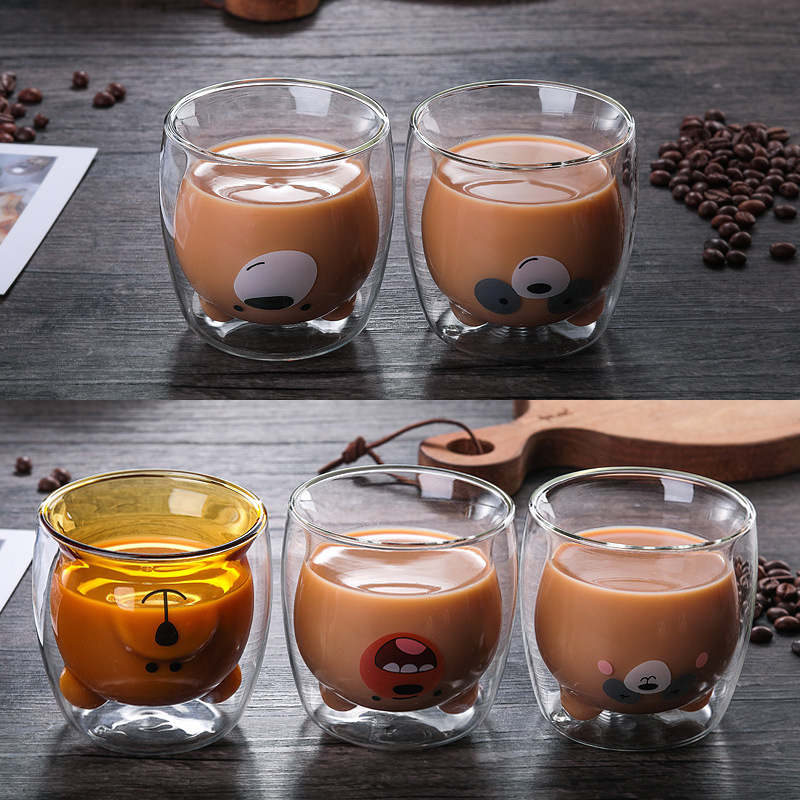 Borosilicate Double Wall Heat-Resistant Glass Cup Bear Cake Towel Cartoon Creative Coffee Cup Juice Milk Water Glass