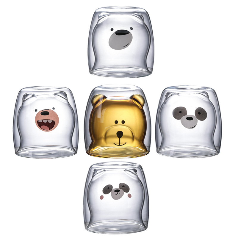 Borosilicate Double Wall Heat-Resistant Glass Cup Bear Cake Towel Cartoon Creative Coffee Cup Juice Milk Water Glass