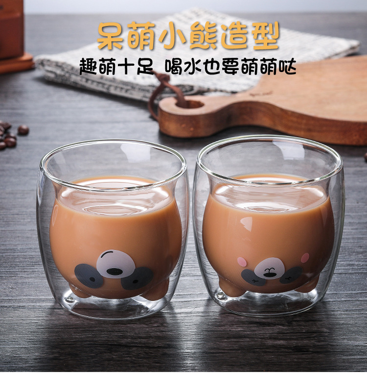 Borosilicate Double Wall Heat-Resistant Glass Cup Bear Cake Towel Cartoon Creative Coffee Cup Juice Milk Water Glass