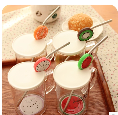 Cute personality fruit glass with lid spoon Korean creative tea cup