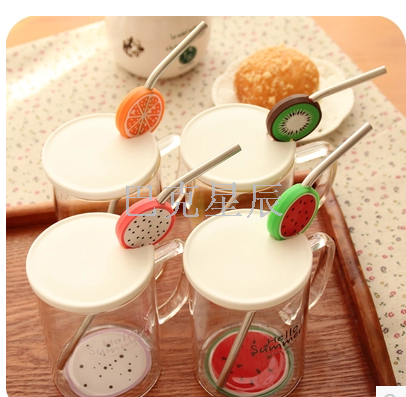 Cute personality fruit glass with lid spoon Korean creative tea cup Cute personality fruit glass with lid spoon Korean creative tea cup