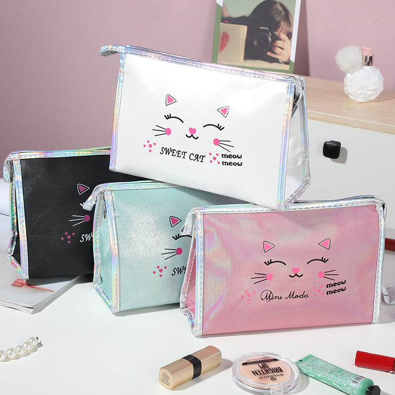 New PU Leather Waterproof Cosmetic Bag Cute Cat Q Version Portable Wash Bag Simple and Fresh Storage Bag