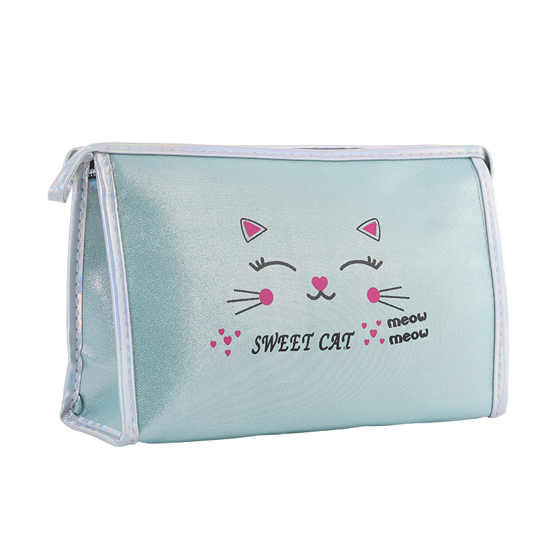 New PU Leather Waterproof Cosmetic Bag Cute Cat Q Version Portable Wash Bag Simple and Fresh Storage Bag