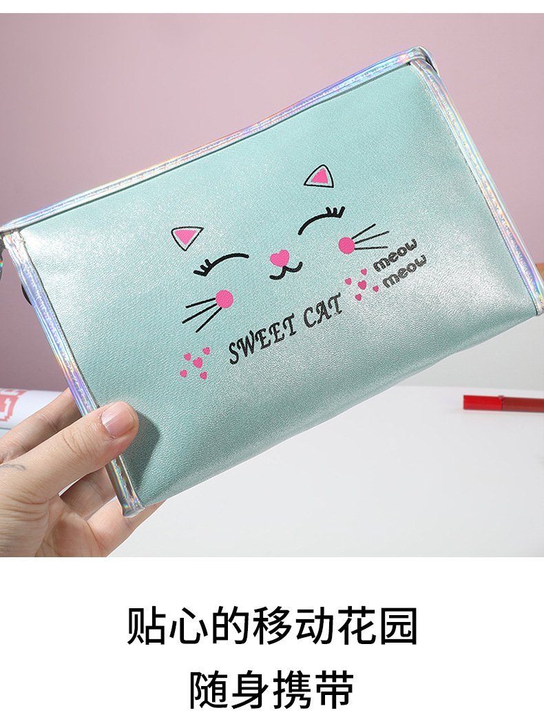 New PU Leather Waterproof Cosmetic Bag Cute Cat Q Version Portable Wash Bag Simple and Fresh Storage Bag