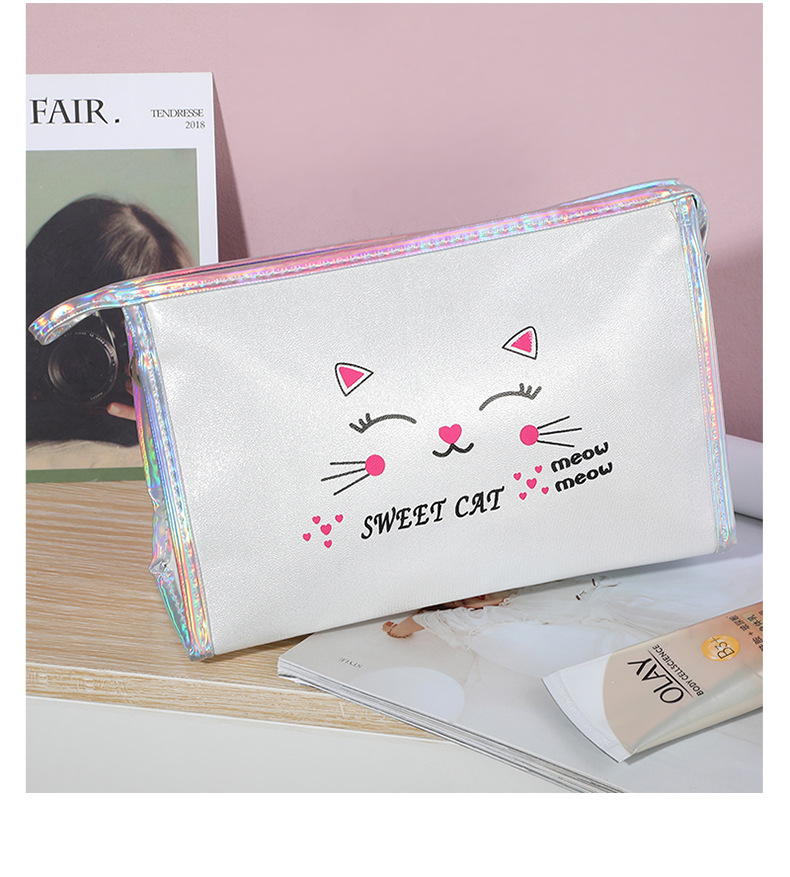 New PU Leather Waterproof Cosmetic Bag Cute Cat Q Version Portable Wash Bag Simple and Fresh Storage Bag