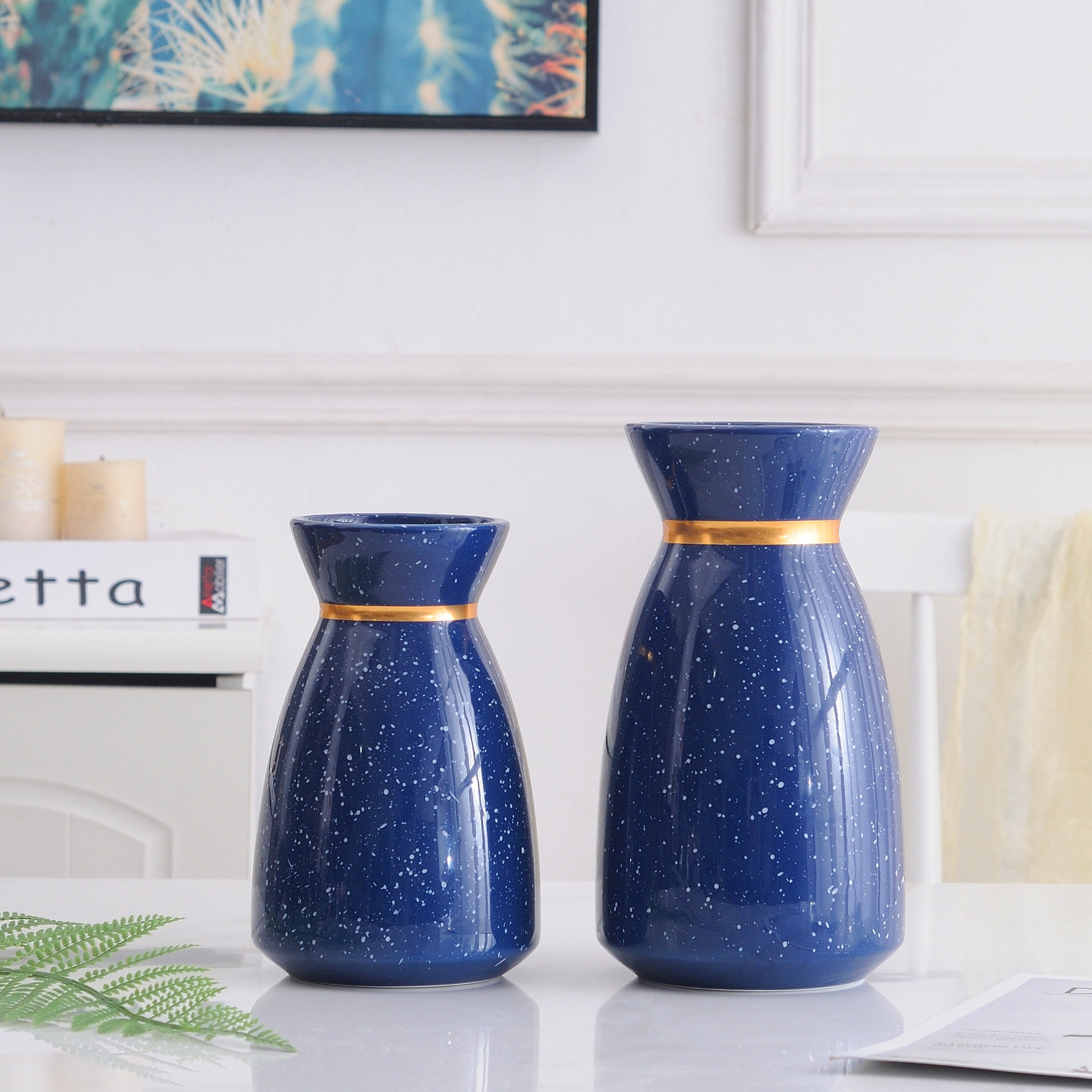 Simple Modern Simple light luxury wind Blue and Blue gold Vase flower ware Household soft decorative arts and crafts