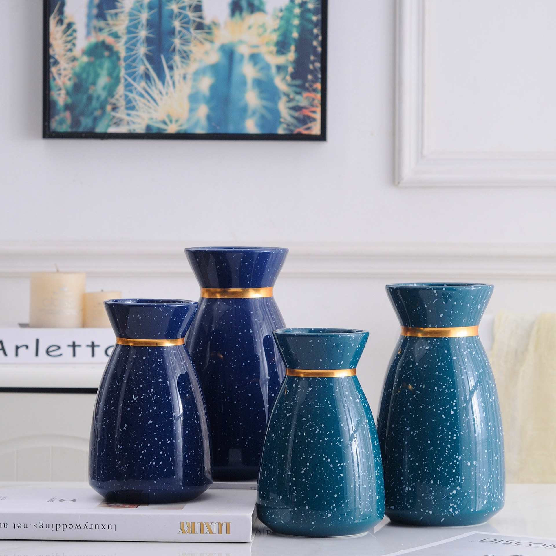 Simple Modern Simple light luxury wind Blue and Blue gold Vase flower ware Household soft decorative arts and crafts