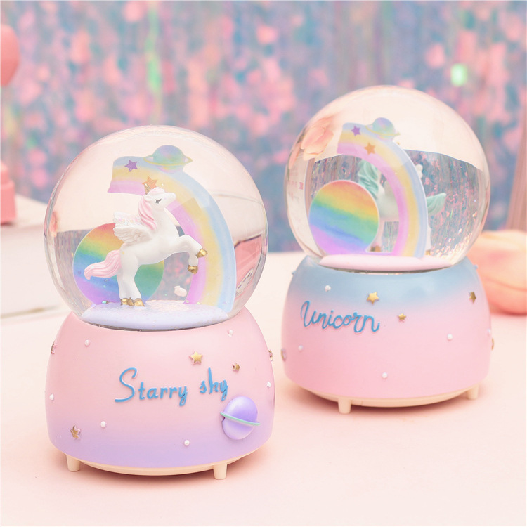 Imported arts and crafts Unicorn Crystal Ball Music Box Rotating Music Box Glowing Floating Snowflake Gift