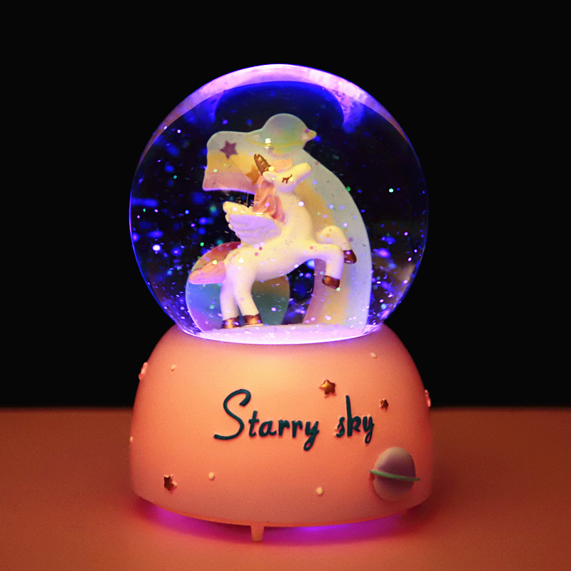 Imported arts and crafts Unicorn Crystal Ball Music Box Rotating Music Box Glowing Floating Snowflake Gift