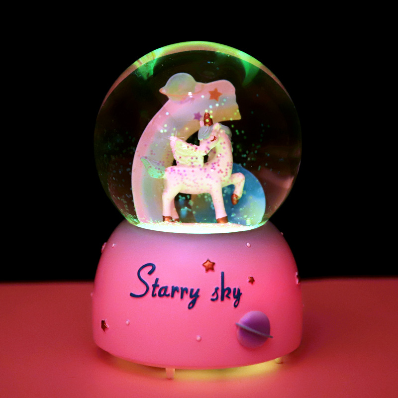 Imported arts and crafts Unicorn Crystal Ball Music Box Rotating Music Box Glowing Floating Snowflake Gift
