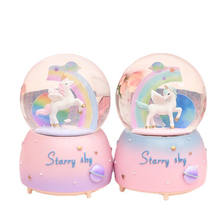 Imported arts and crafts Unicorn Crystal Ball Music Box Rotating Music Box Glowing Floating Snowflake Gift