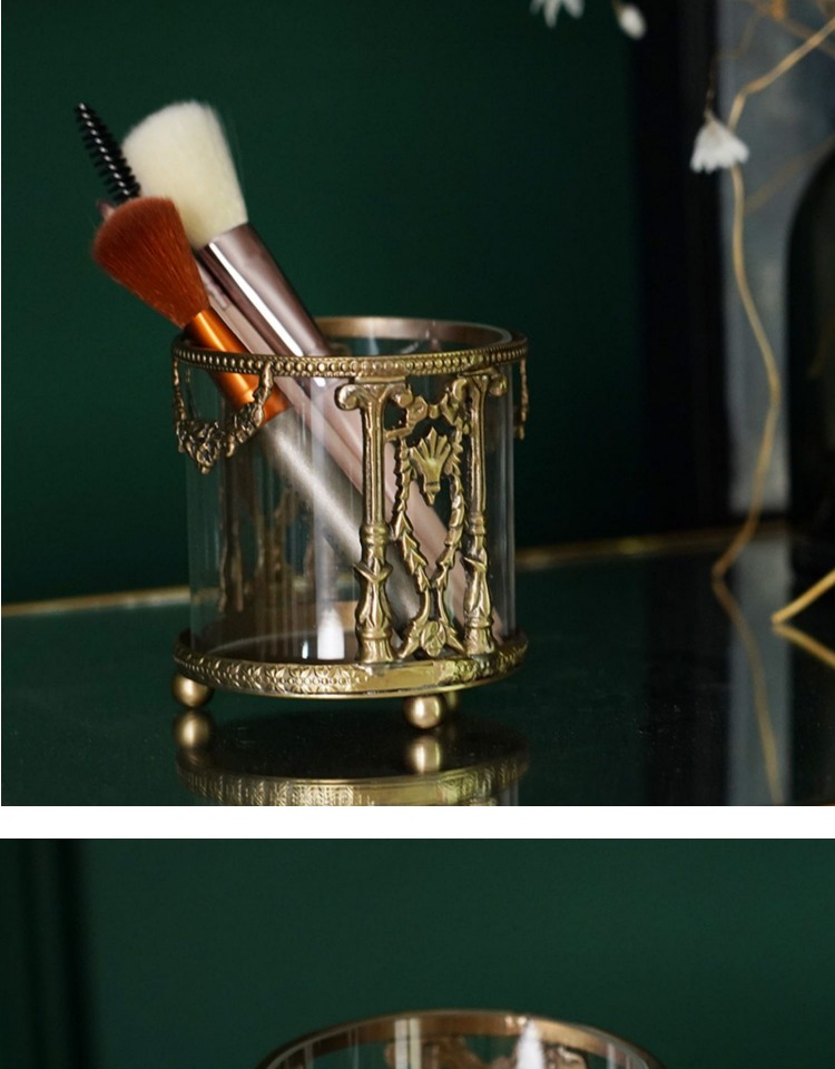 Fei Ling Home European Style Vintage Engraving Brass Glass Storage Bucket Makeup Brush Imported arts and crafts Fei Ling Home European Style Vintage Engraving Brass Glass Storage Bucket Makeup Brush Imported arts and crafts