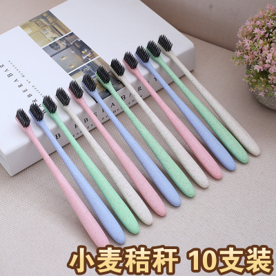 10 pieces of wheat straw filaments with soft bristles couple of adult toothbrushes with carbon brush for home pack