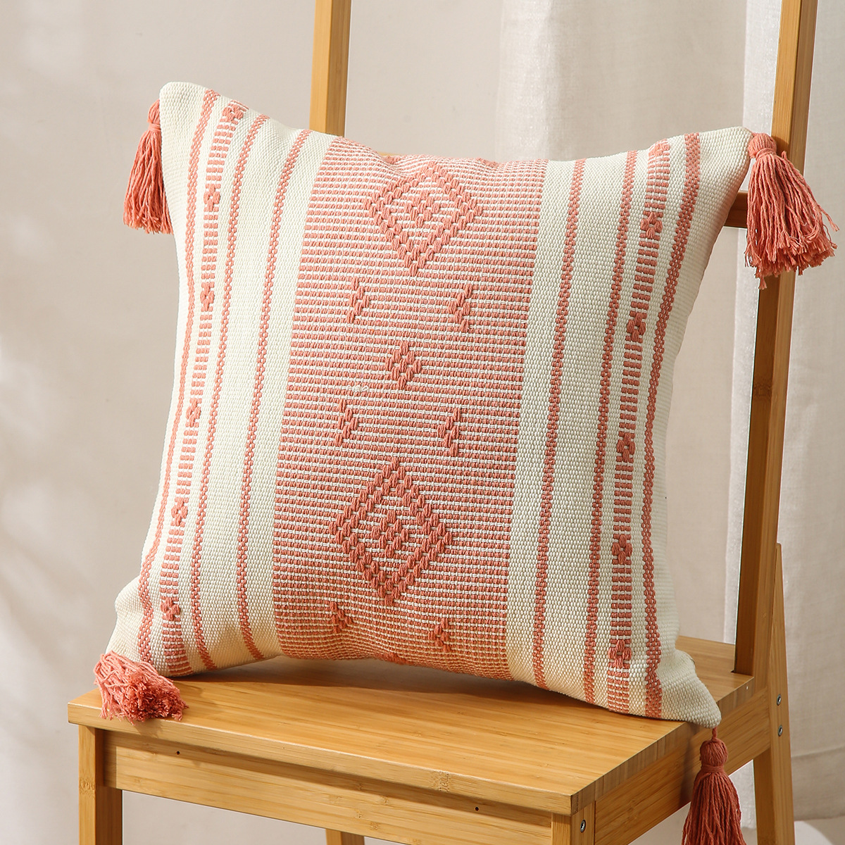 Pillow Amazon Home Ins Nordic Cut Flower Yarn-Dyed Woven Geometric Tassel Pillow Cover North America Cushion Cover