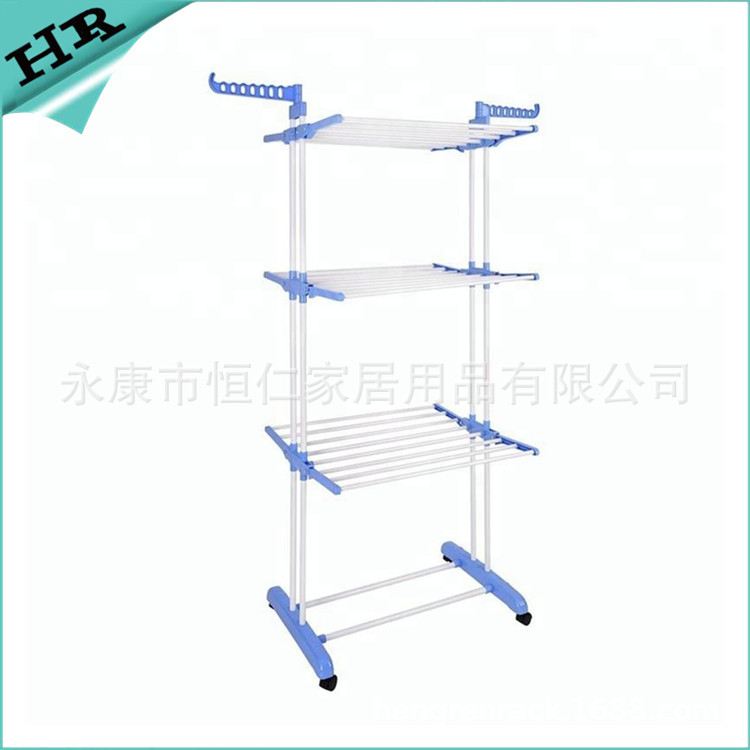 Clothes Hanger Floor Installation-Free Telescopic Coat Hanger Iron Pipe Plastic Spraying Three-Layer Towel  Coat Hanger