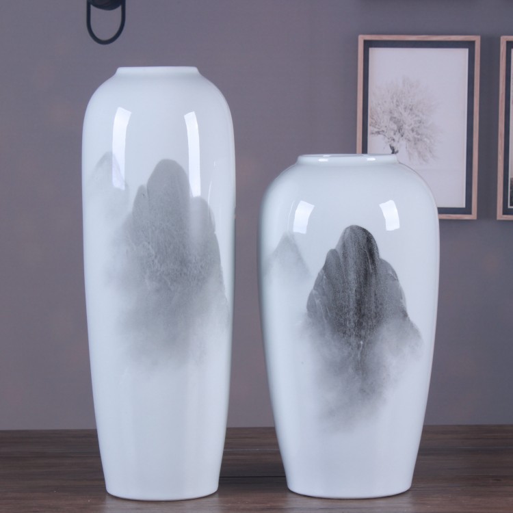 Jingdezhen Vase Ceramic Decoration Three-Piece Set White Chinese Ink Painting Landscape Porcelain craft