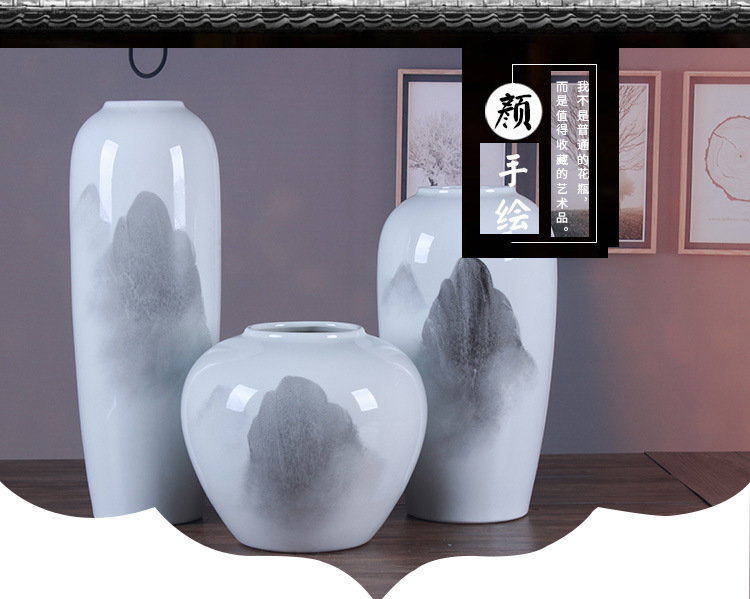 Jingdezhen Vase Ceramic Decoration Three-Piece Set White Chinese Ink Painting Landscape Porcelain craft