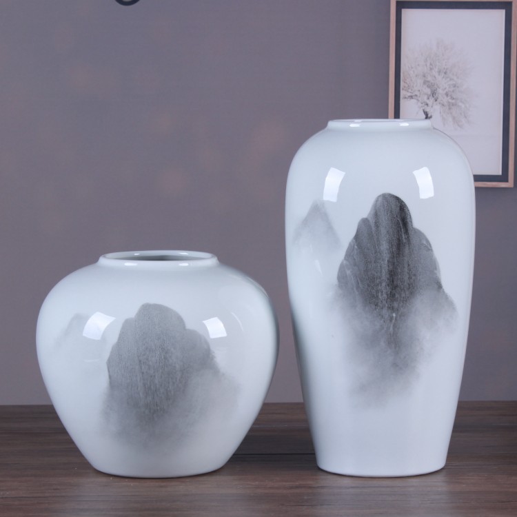 Jingdezhen Vase Ceramic Decoration Three-Piece Set White Chinese Ink Painting Landscape Porcelain craft