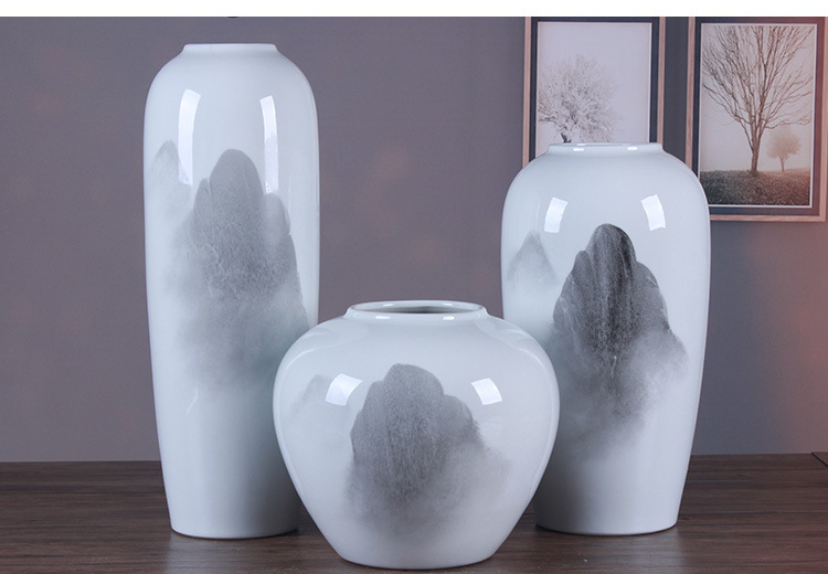 Jingdezhen Vase Ceramic Decoration Three-Piece Set White Chinese Ink Painting Landscape Porcelain craft