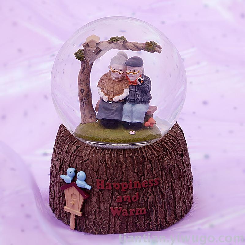 Resin crafts set up a couple old lady Crystal ball music box dream luminous snowflake music box