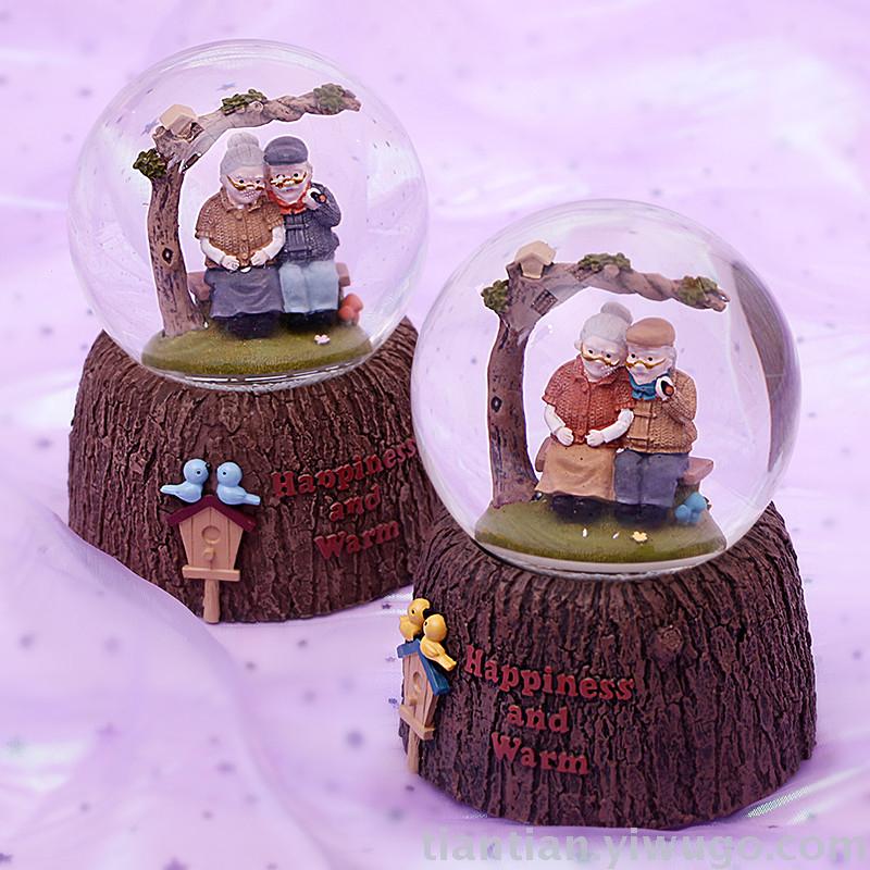 Resin crafts set up a couple old lady Crystal ball music box dream luminous snowflake music box